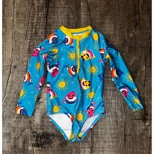 Pinkfong Baby Shark Long Sleeve One Piece Swimsuit Blue Yellow Toddler Size 2T